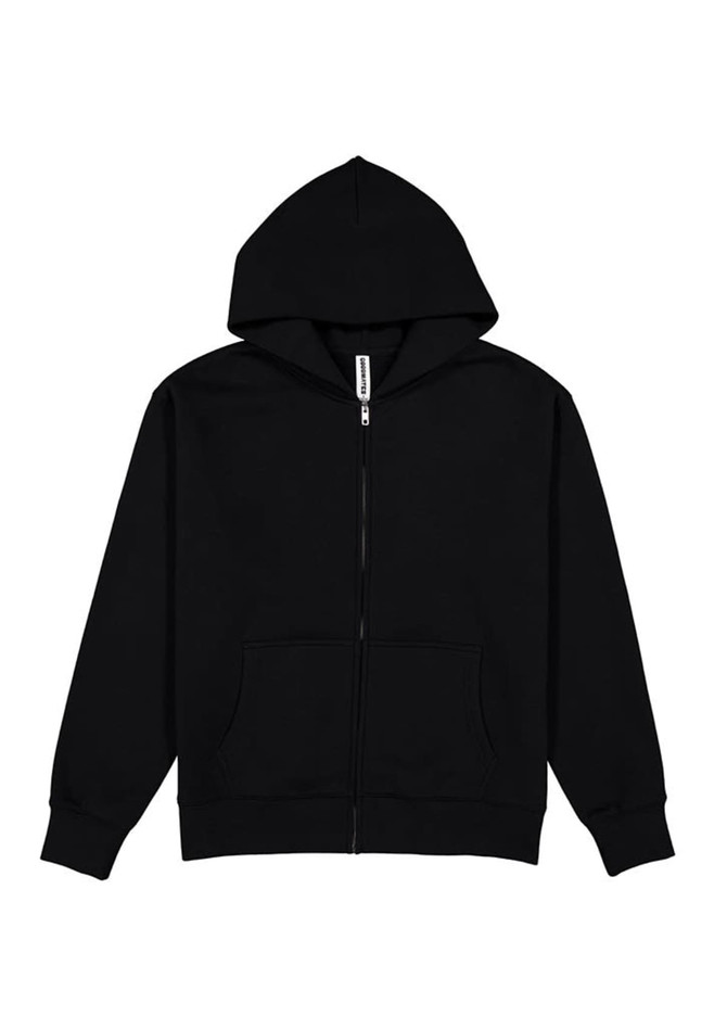 A black zip-up hoodie featuring a hood and front pockets, with a logo on the label.