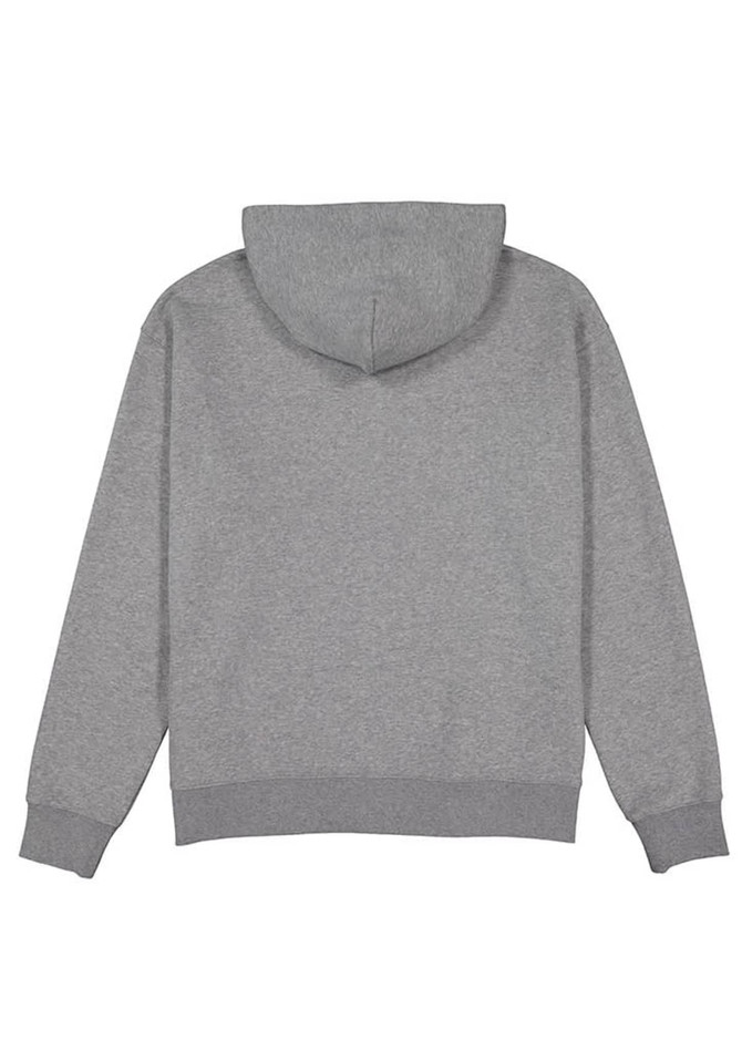 A grey zip-up hoodie with a hood and ribbed cuffs. The back view displays a simple, clean design and features a logo.