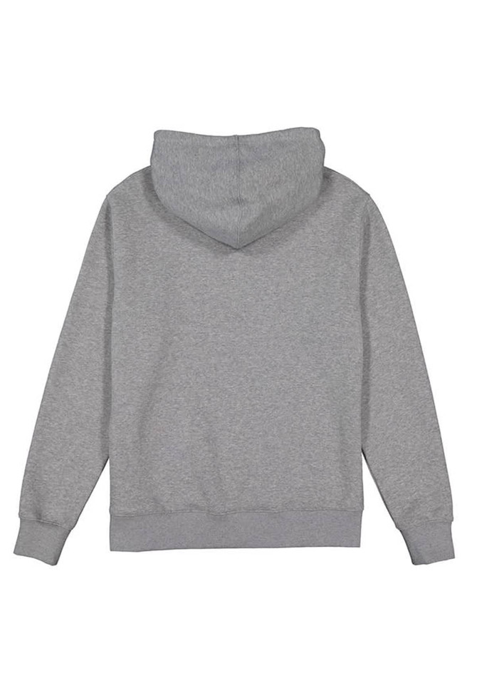 A grey men's hoodie featuring a kangaroo pocket and a hood, with a logo on the back.