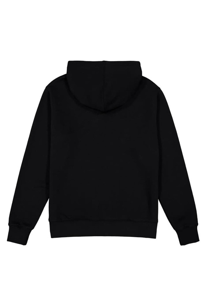 A black men's hoodie featuring a kangaroo pocket and a hood. The back view highlights its straightforward design.