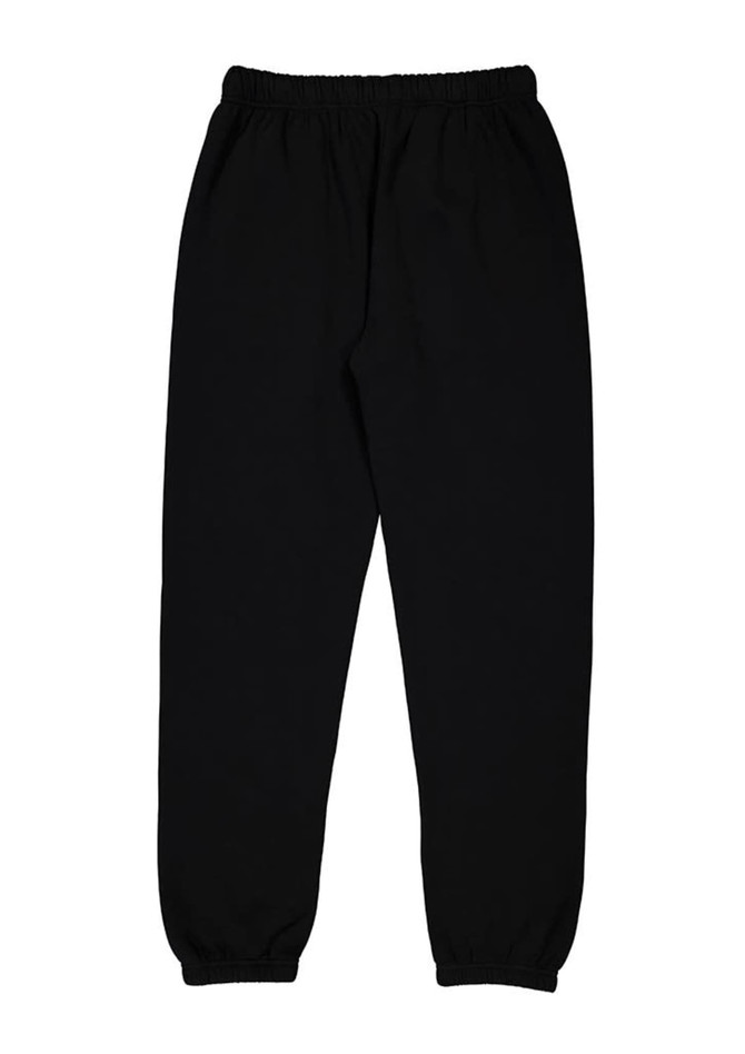 Black women's track pants with an elastic waistband and cuffs, featuring a logo on the design.