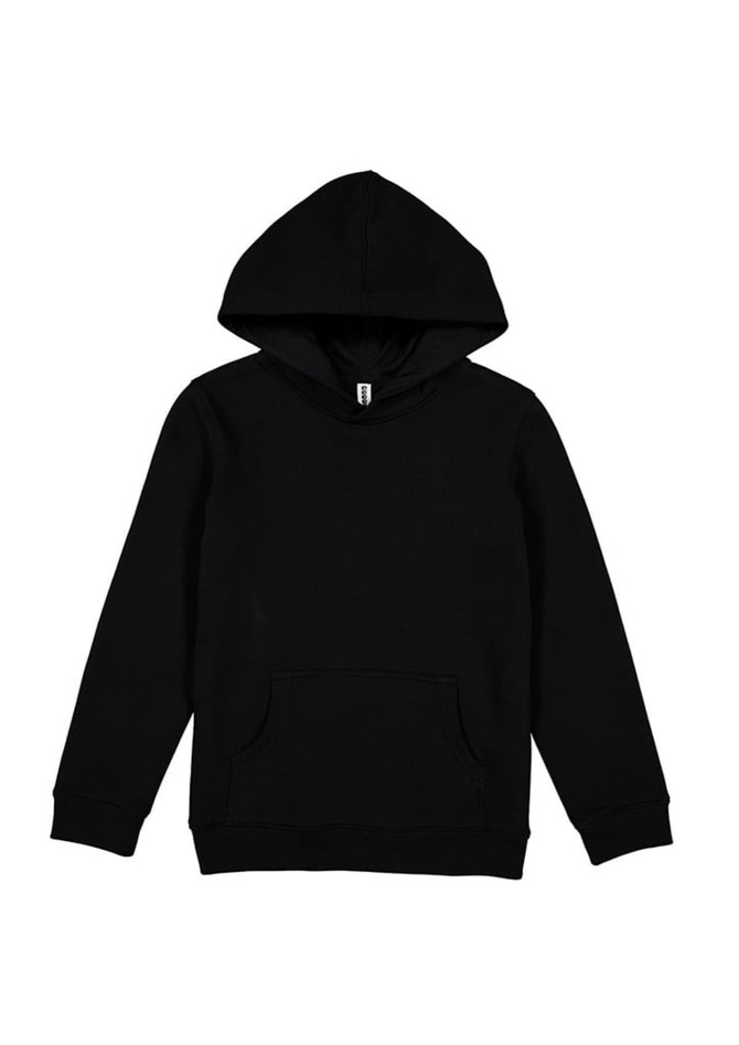 A black hoodie featuring a front pocket and a drawstring hood, with a small logo on the label.