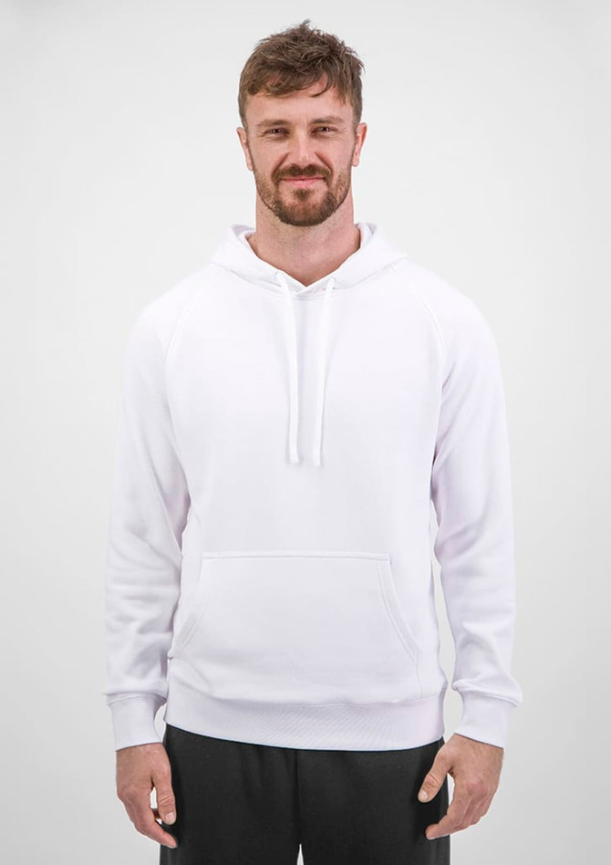 A white men's hoodie with a front pocket and hood, worn by a smiling individual. It features a logo on the chest.