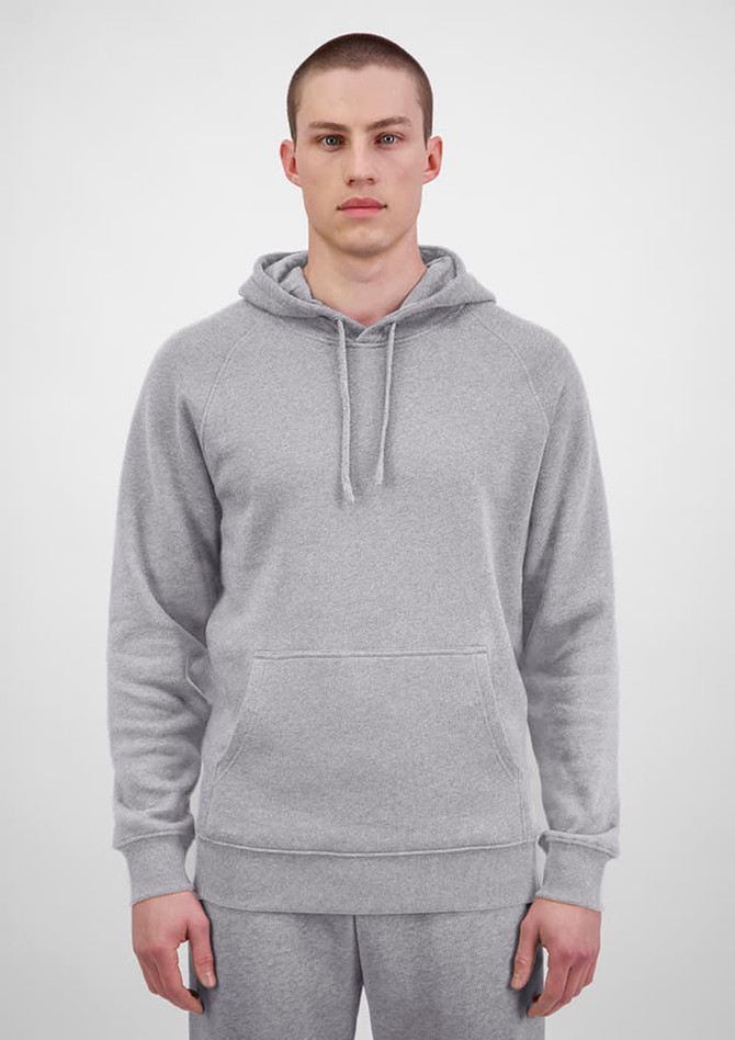 A grey men's hoodie featuring a front pocket and a drawstring hood, with a branding logo.