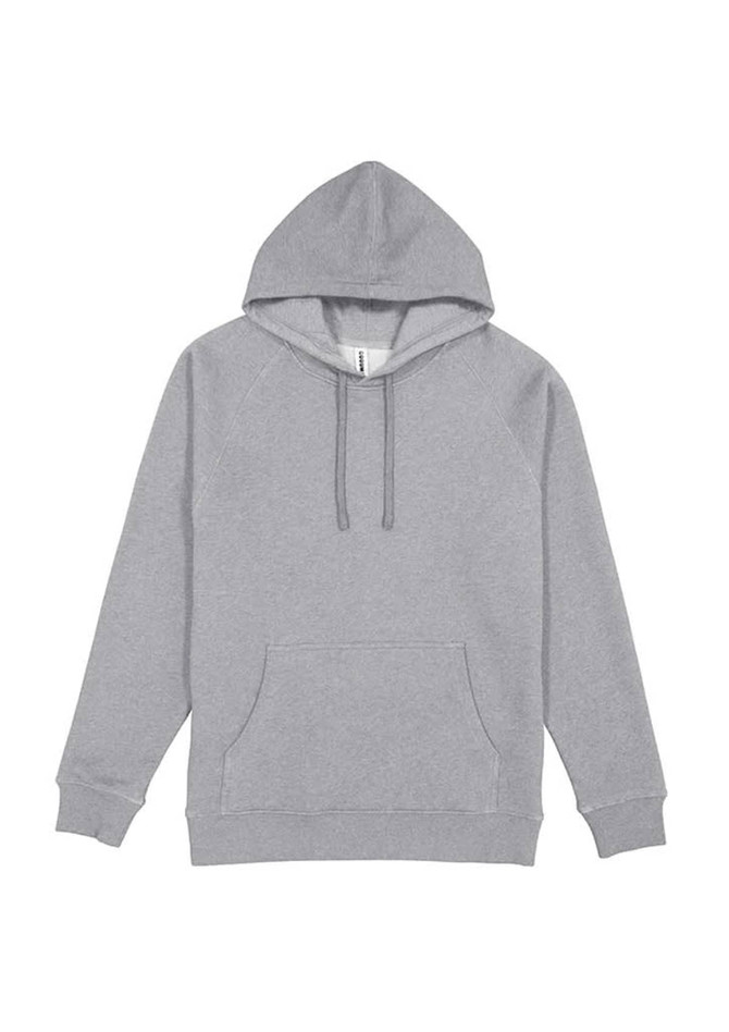 A grey men's hoodie featuring a front pocket and a drawstring hood. It has a logo on the side.
