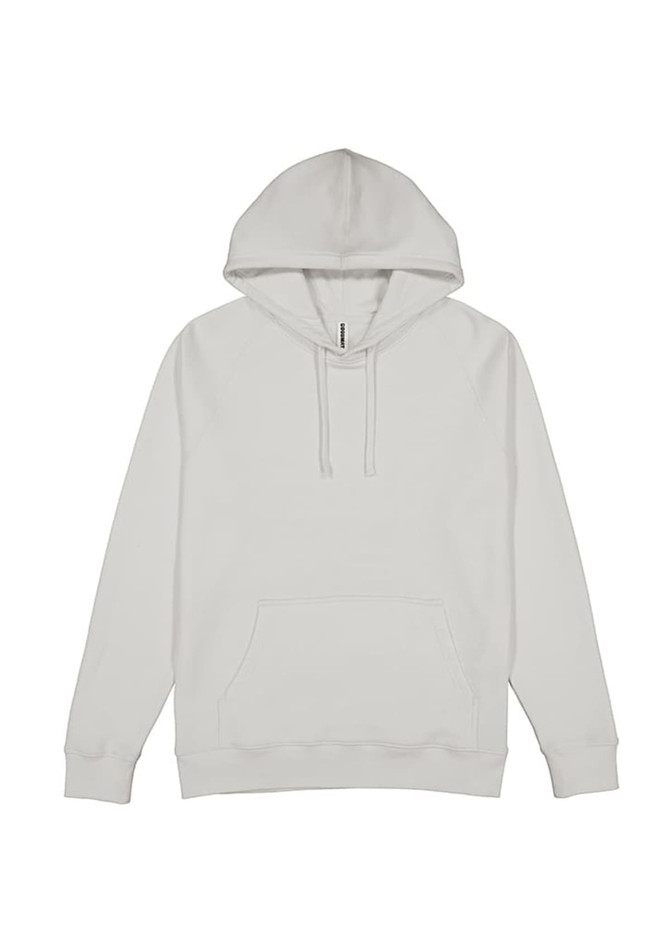 A plain grey hoodie featuring a front pocket and a drawstring hood, with a logo on the chest area.