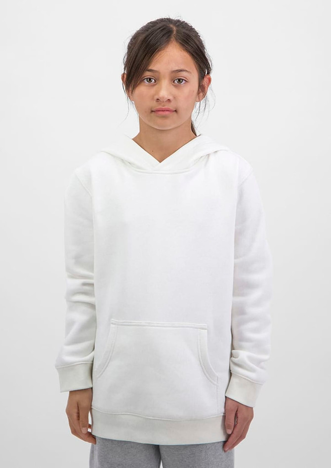 A white hoodie for kids featuring a front pocket and a drawstring hood. The product has a logo on it.