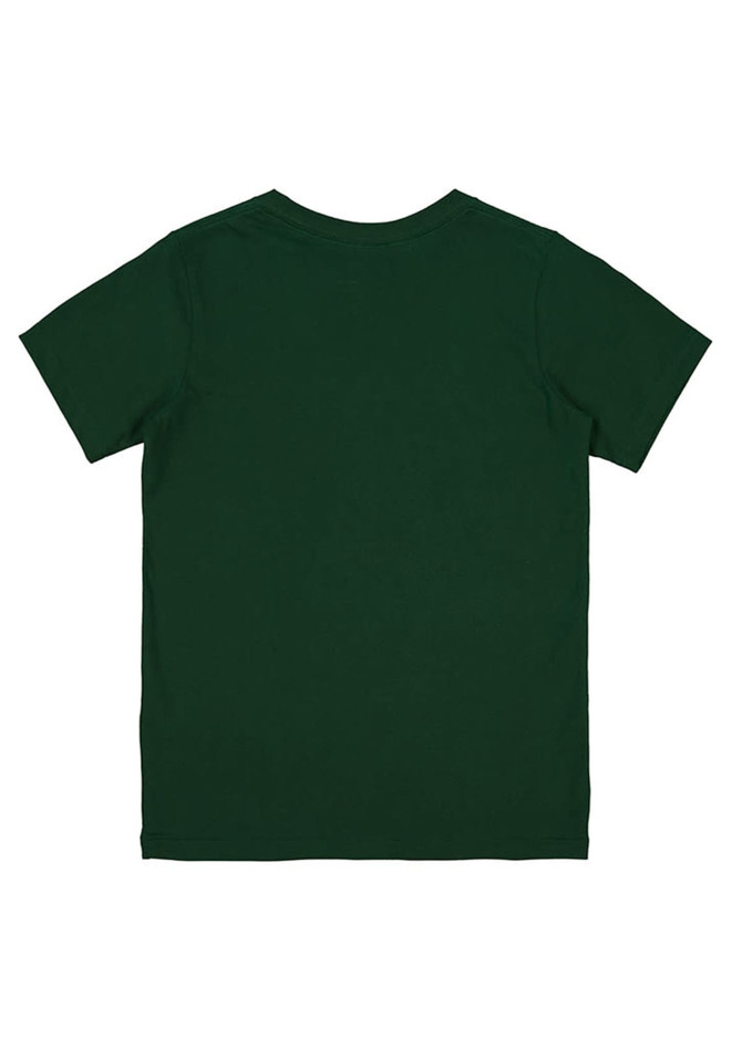 A green short sleeve tee with a plain back and a small logo at the neck.