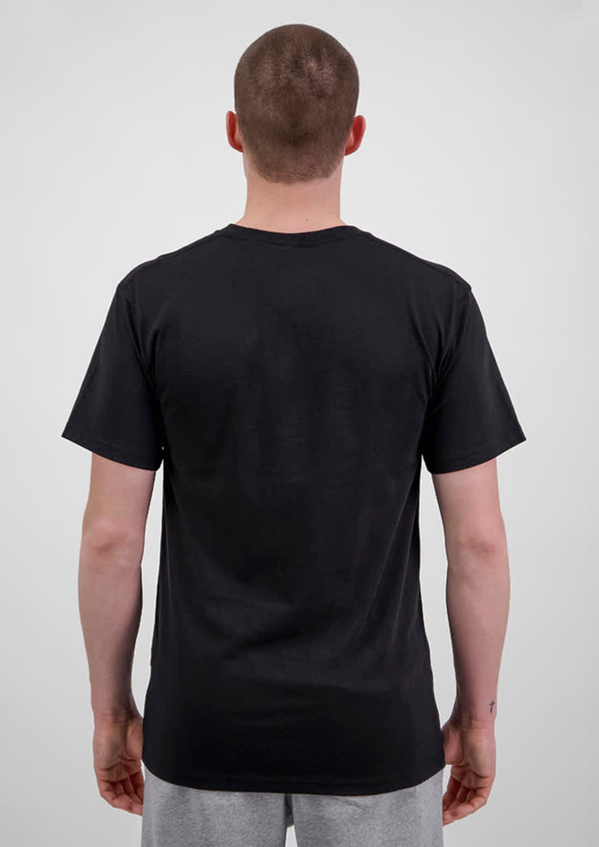 A black short sleeve tee displayed from the back, featuring a simple design and regular fit.