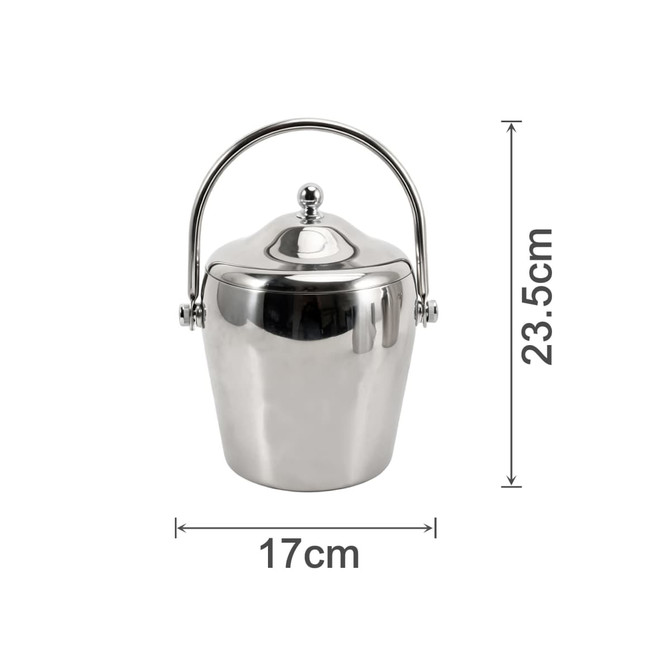 A stainless steel cooler bucket with a lid and handle, measuring 23.5 cm in height and 17 cm in diameter.