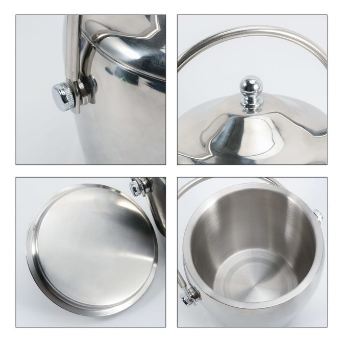 A shiny stainless steel cooler bucket with a handle and a lid, featuring a smooth, polished interior.