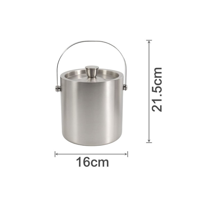 A stainless steel ice bucket with a lid and handle, measuring 16cm in diameter and 21.5cm in height.