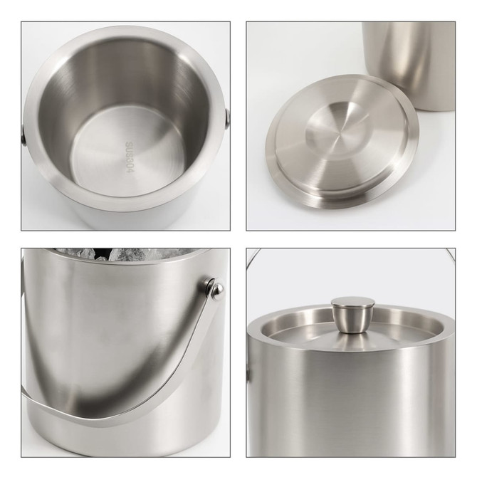 A stainless steel ice bucket with a lid and handle, featuring a smooth finish and a sleek design.