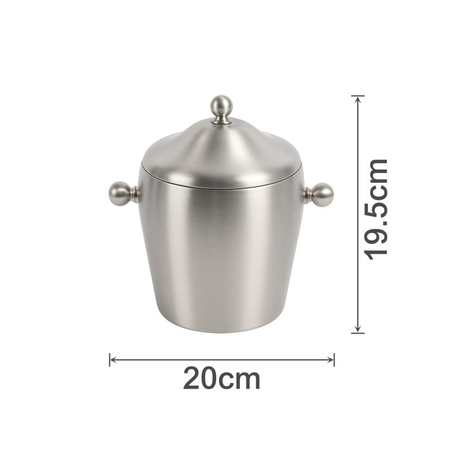 A stainless steel ice bucket with a shiny finish, featuring a lid and two side handles. It measures 20cm in diameter and 19.5cm in height.