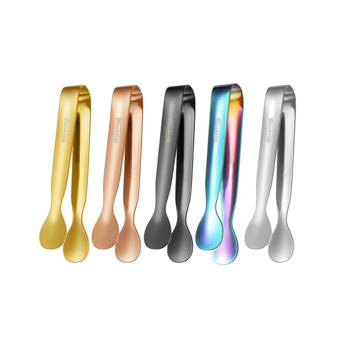 Stainless steel ice tongs in five finishes: gold, rose gold, black, rainbow, and silver. Each has a sleek, modern design.