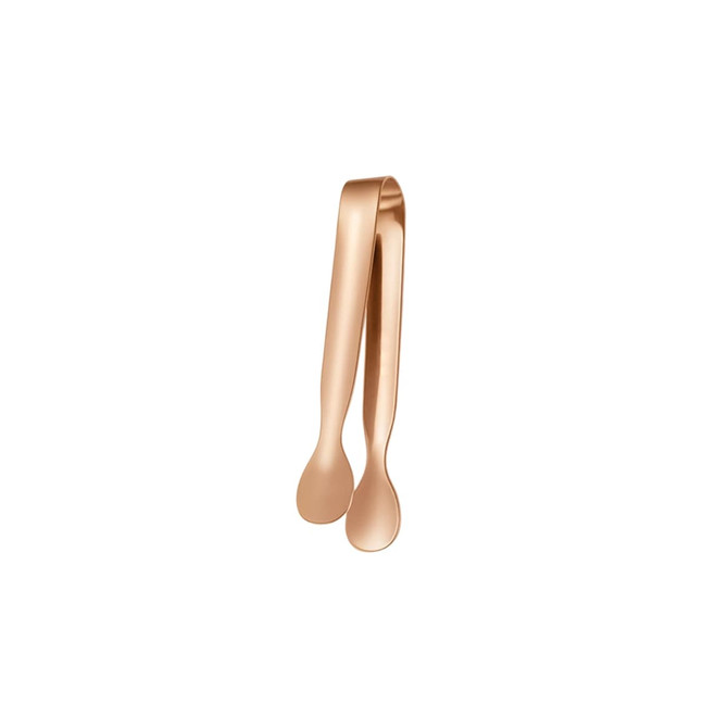 A pair of stainless steel ice tongs in a sleek rose gold finish, featuring rounded ends and a smooth design.