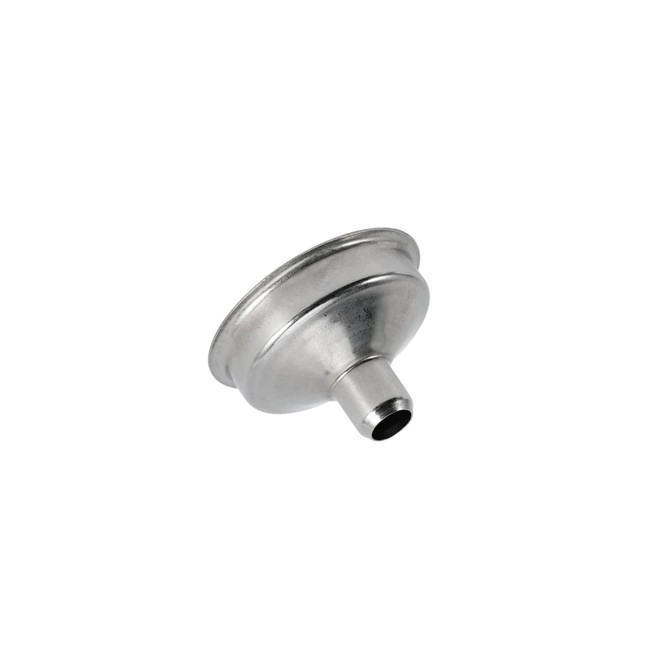 A stainless steel mini funnel with a shiny, metallic finish and a narrow spout, featuring a simple design.
