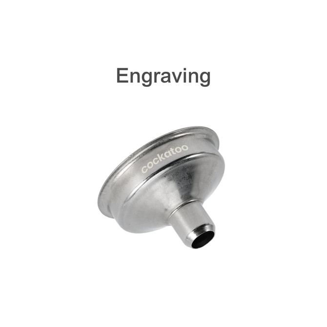 A stainless steel mini funnel with a shiny finish and a branding logo on the side.