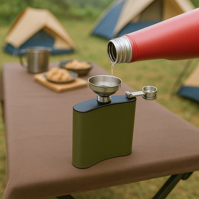A stainless steel mini funnel in silver and black is used to pour liquid from a red drink bottle into a container.