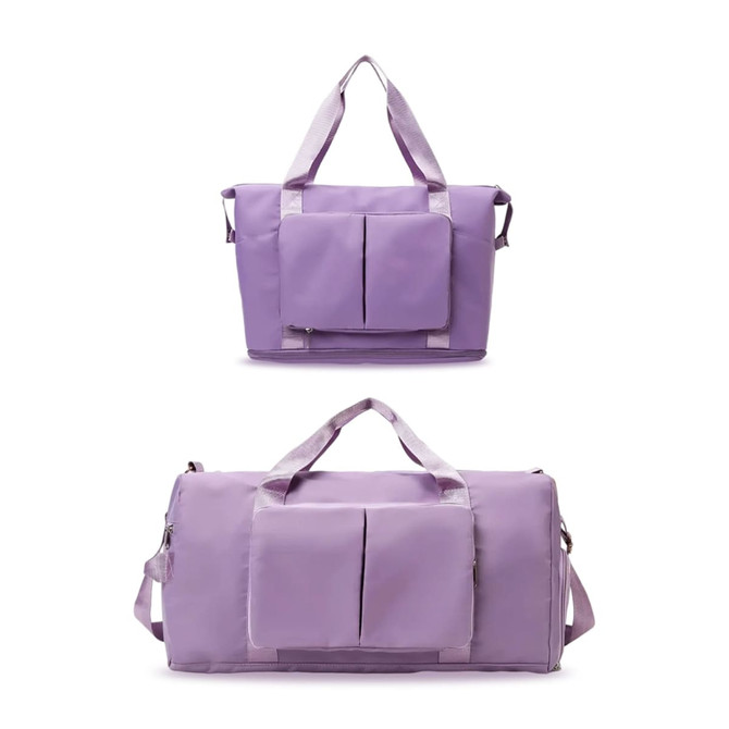 A foldable sports duffle bag in light purple with dual front pockets and carry handles. It has a logo visible.