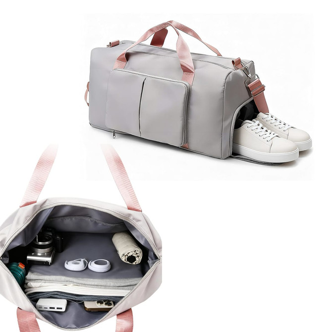 A foldable sports duffle bag in grey with pink straps, featuring multiple pockets and compartments for storage.