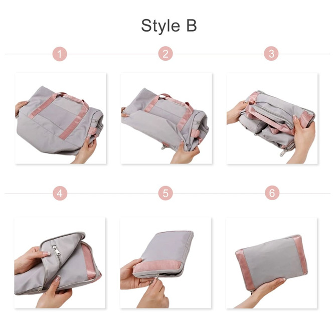 A foldable sports duffle bag in grey with pink accents, shown being handled and zipped in various stages of folding.