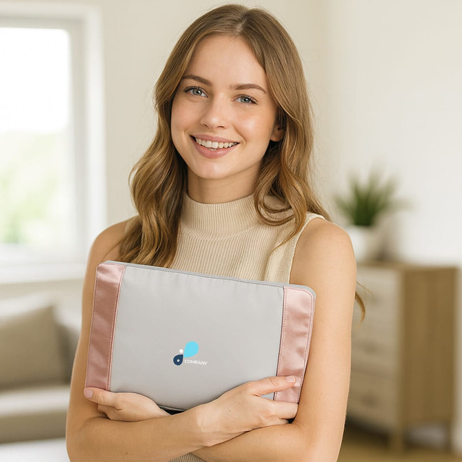 A woman holds a grey foldable sports duffle bag with pink accents, featuring a logo on the front.