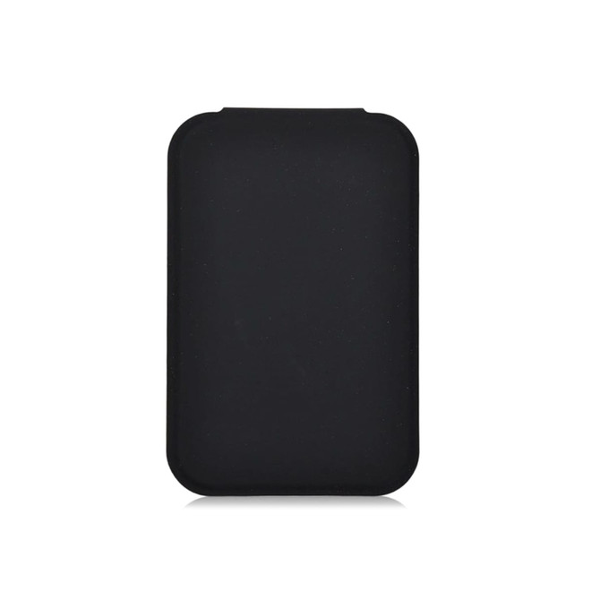 A portable mini mirror with a sleek black casing, featuring a simple design and rounded edges.