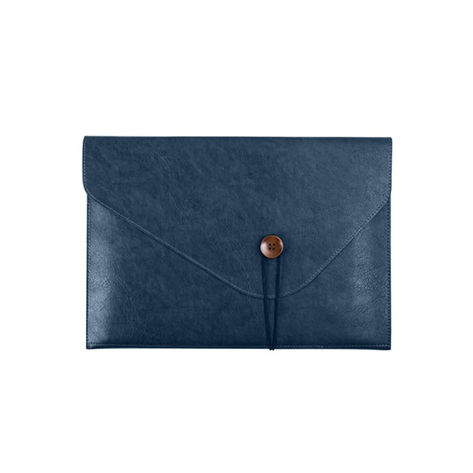 A navy PU leather folder with a button closure and a fold-over flap. It has a smooth, textured surface.