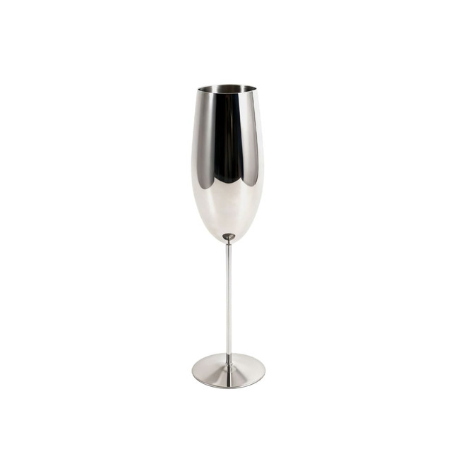 A stainless steel champagne flute with a sleek, reflective finish and a long stem on a circular base.