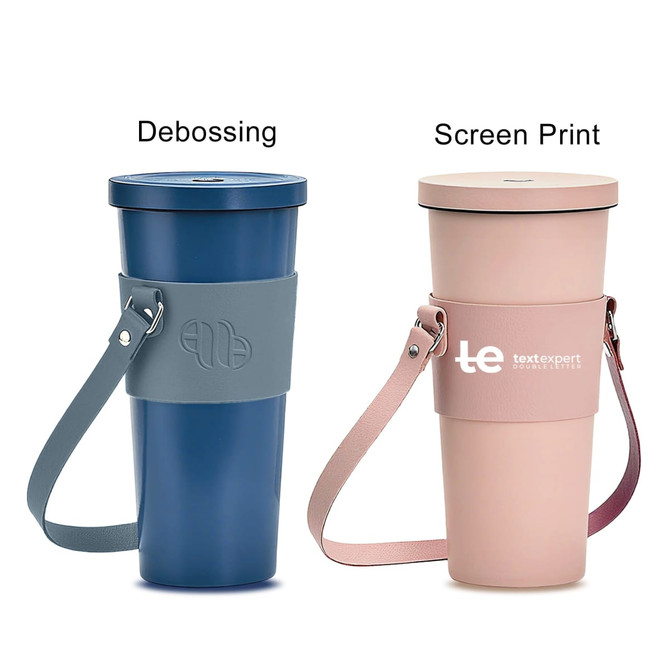 A drink bottle holder in grey and pink, featuring straps, with a logo on the grey holder.