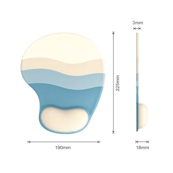A lightweight bean gel pad with wavy blue and cream design, measuring 190mm by 225mm and 3mm thick.