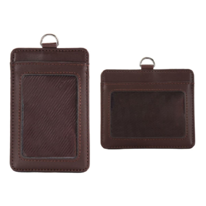 A brown PU leather card holder with two compartments, one clear and one opaque, featuring a ring attachment.