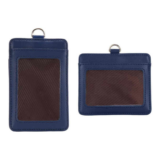 A navy blue PU leather card holder featuring two compartments with clear windows and a ring at the top.