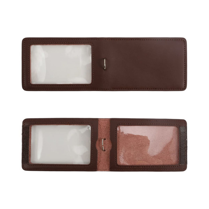 A brown PU leather ID card holder featuring two transparent pockets for cards. It includes a sleek design and stitching detail.