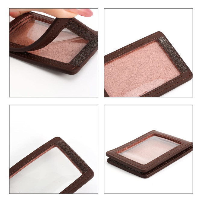 A brown PU leather ID card holder featuring transparent pockets for card display and a sleek design.
