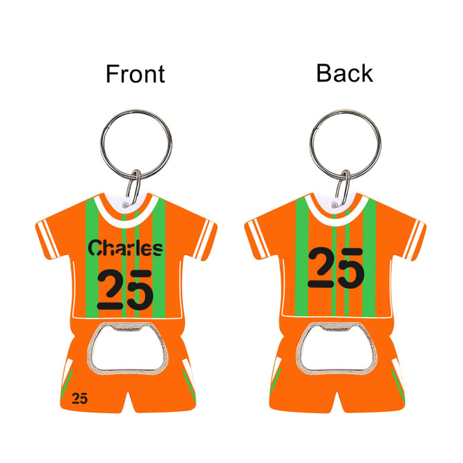 A drink bottle opener keyring shaped like an orange sports jersey with green stripes and a logo.