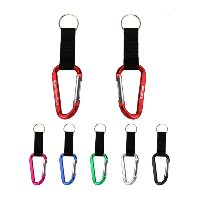 A collection of carabiner keychains in red, pink, blue, green, silver, and black, featuring a fabric strap and a logo.