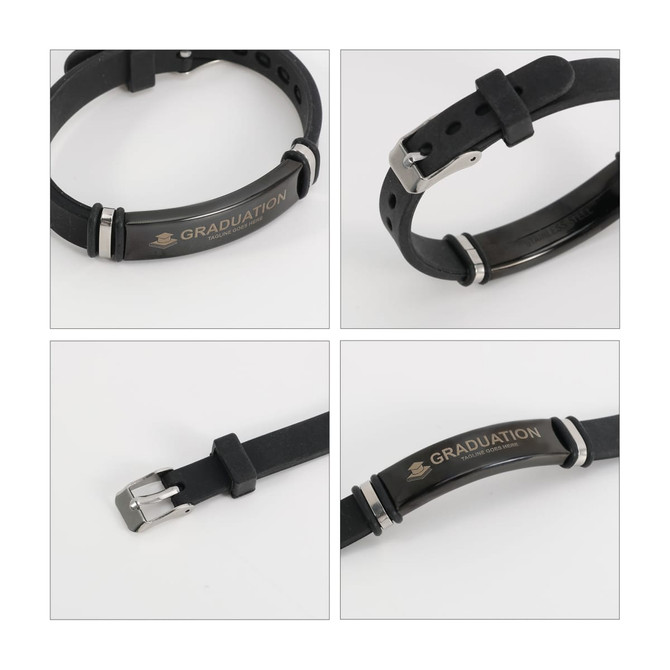 A black engraved bracelet featuring a silver clasp and a logo, showcased from multiple angles.