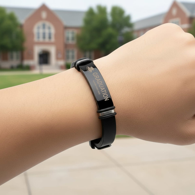 A black engraved bracelet is displayed on a wrist, featuring a decorative design and metallic accents.