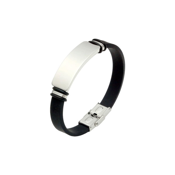 A sleek black bracelet with a silver engraved plate and metal accents, featuring a secure clasp.