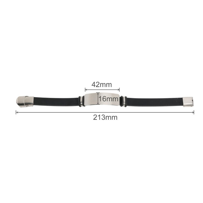 A black colour engraved bracelet with silver accents and specific measurements displayed. It has a sleek, modern design.