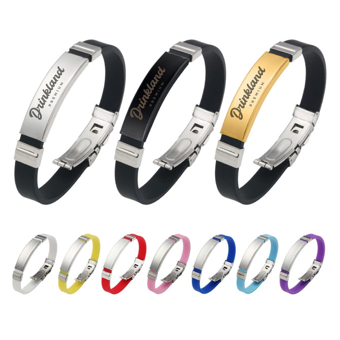 A set of metal folding lock clasp bangles in silver, black, gold, yellow, pink, blue, and purple. Each has a logo.