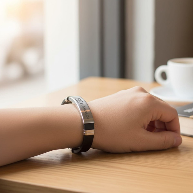 A sleek metal buckle latch bracelet in silver and black on a wrist, resting on a wooden table near a cup of coffee.