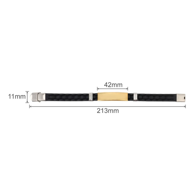 A black stainless steel buckle latch bracelet featuring a gold centrepiece, with a sleek, modern design and a logo.