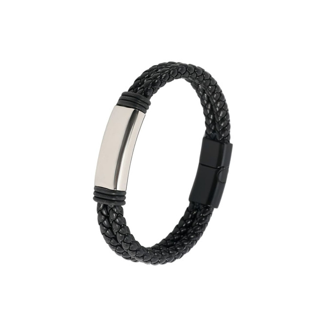 A double-row braided leather bracelet in black, featuring a sleek silver-tone clasp.