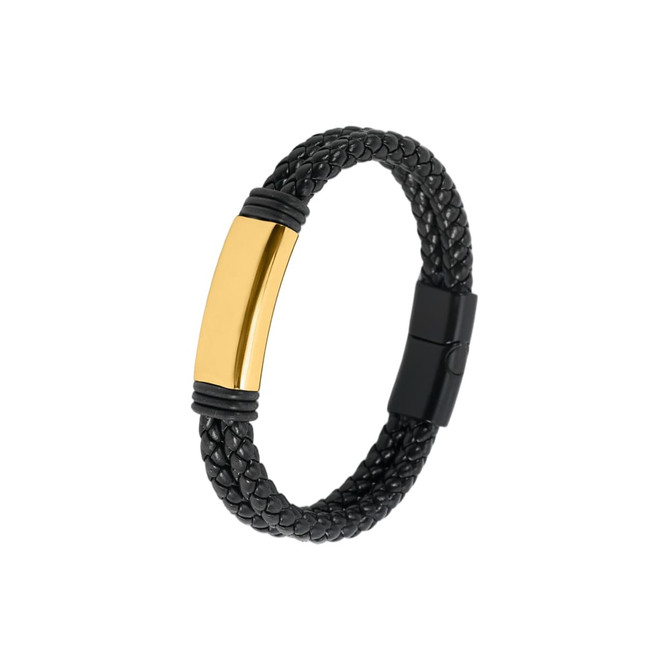 A double-row braided leather bracelet in black with a gold-tone clasp and detailing.