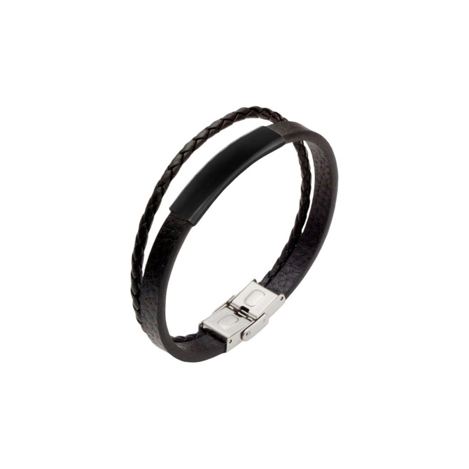 A double-layer leather bracelet featuring braided dark brown and solid black straps with a silver clasp.