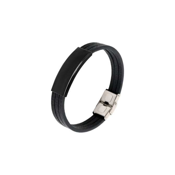 A black multi-layer leather bracelet with a sleek metal clasp and a smooth black metal plate.