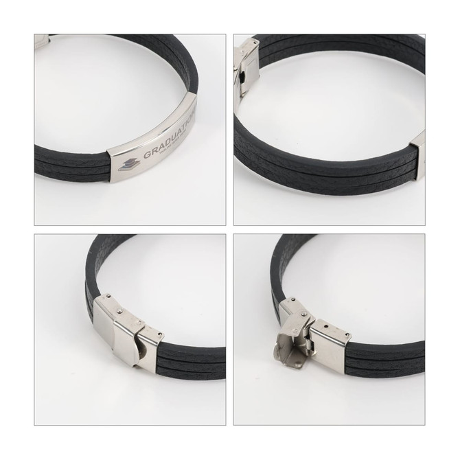 A black multi-layer leather bracelet featuring a silver clasp and an engraved logo.